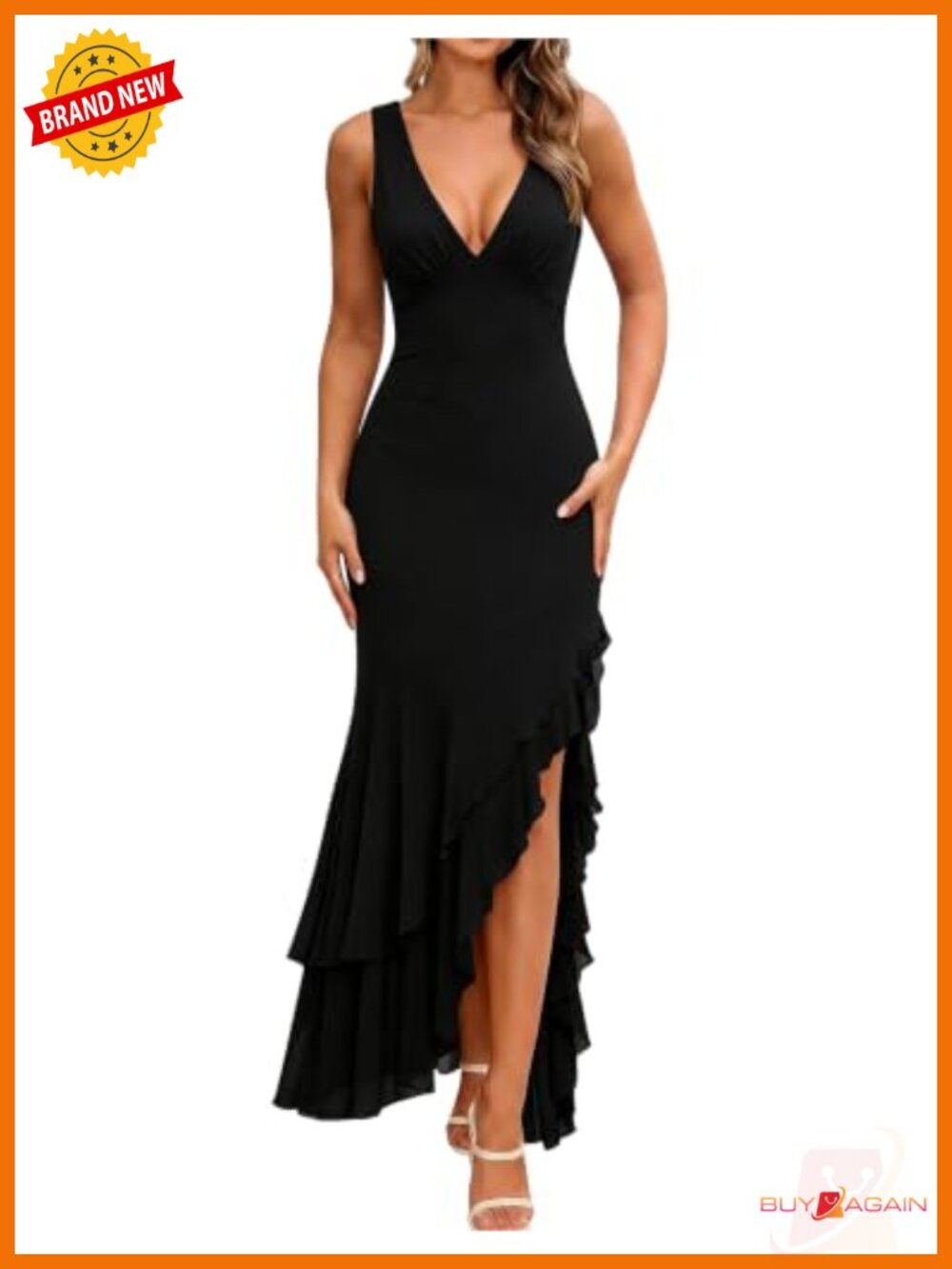 Women's Mermaid Ruffle Cocktail Maxi Dress V-Neck Sleeveless Formal Prom
